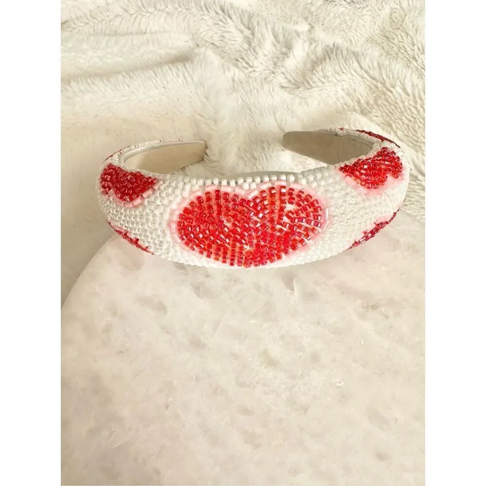 Red white & pink beaded heart valentines headband ￼